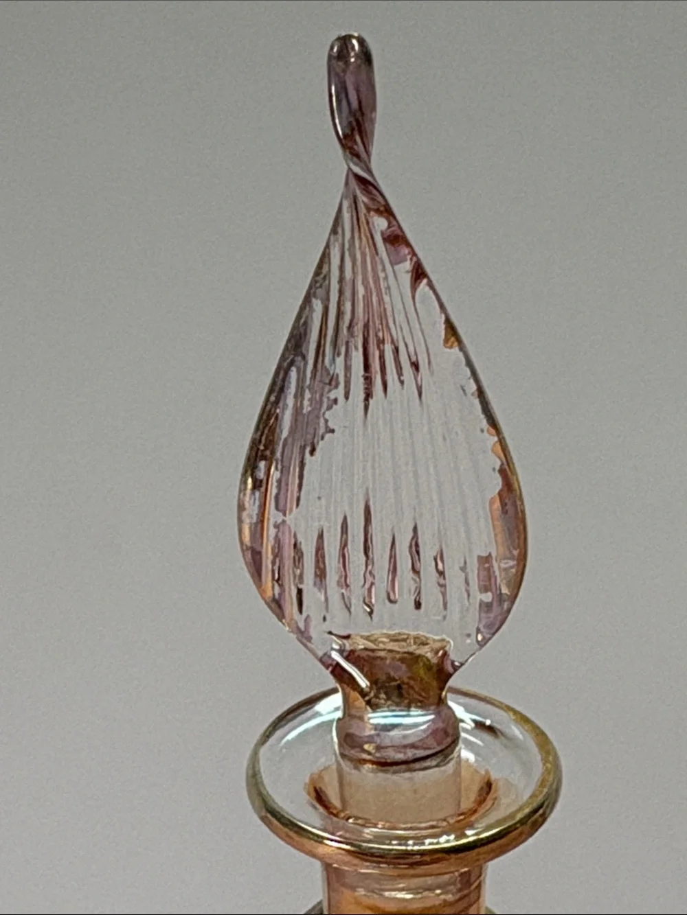 Egyptian Handblown Amber and Gold Glass Bottle with Decorative Stopper